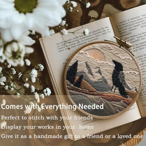 FONNUY Embroidery Kit, Featuring Crow and Landscape Patterns, Cross Stitch Kits for Both Adults and Beginners, Handmade Crafts Printed Pattern Set, Color Thread Needlework, 8'' Hoop (Fearless Bird) - Image 3