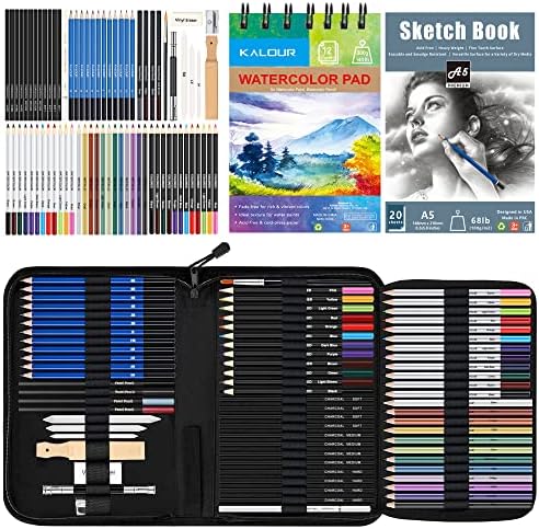 KALOUR 76 Drawing Sketching Kit Set - Pro Art Supplies with Sketchbook & Watercolor Paper - Include Tutorial,Pastel,Watercolor,Sketch,Colored,Metallic,Charcoal Pencils - for Artists Beginners Adults by KALOUR