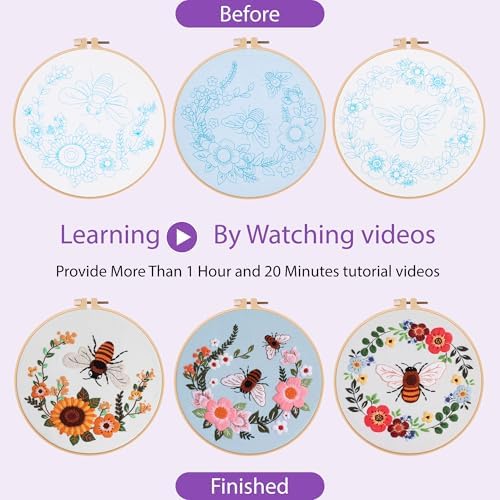 Uniartfy 3 Pack Bee Flower Embroidery Kits for Beginners, Cross Stitch Kit for Adults, DIY Needlepoint with Embroidery Hoop, Tools, Easy to Learn Video & Instructions, Hand Embroidery Starter Kit - Image 4