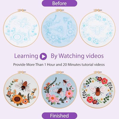 Uniartfy 3 Pack Bee Flower Embroidery Kits for Beginners, Cross Stitch Kit for Adults, DIY Needlepoint with Embroidery Hoop, Tools, Easy to Learn Video & Instructions, Hand Embroidery Starter Kit - Image 4