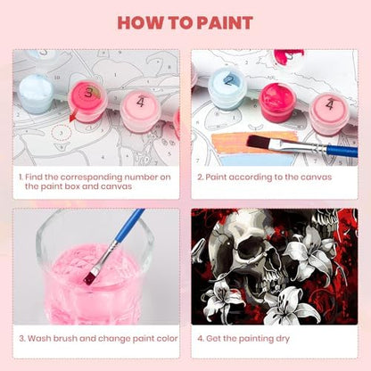 MXJSUA Skulls and Lilies Framed Paint by Numbers Kit for Adults Beginner with Wooden Easel, Adults' Paint-by-Numbers on Canvas, Easy DIY Acrylic Number Painting for Home Decor Gifts, 8x12 inch - Image 5