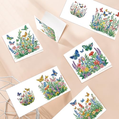 Tontut 6pcs Diamond Art Painting Kit Greeting Card, Green Flower Butterfly 5D DIY Diamond Handmade Holiday Greeting Card with Envelope, Holiday Gift Congratulations - Image 6