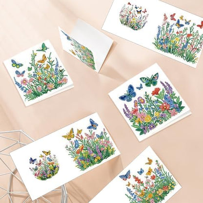 Tontut 6pcs Diamond Art Painting Kit Greeting Card, Green Flower Butterfly 5D DIY Diamond Handmade Holiday Greeting Card with Envelope, Holiday Gift Congratulations - Image 6