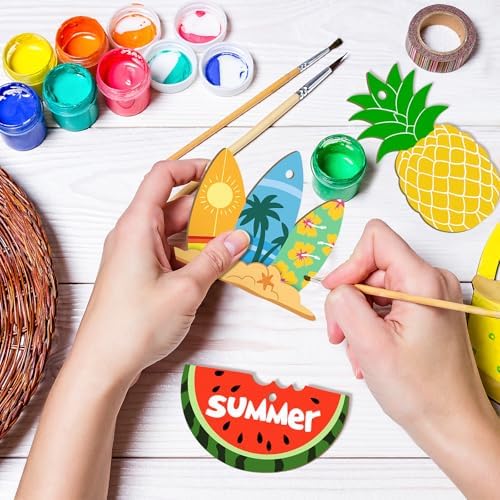 80PCS Wooden Summer Ornaments to Paint, 10 Styles DIY Blank Unfinished Wood Beach Cutouts Ornament for Crafts Hanging Decorations, Watermelon Surfboard Slippers Coconut Tree Home Decorations Gifts - Image 3