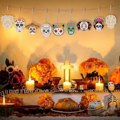 80PCS Wooden Day of The Dead Skull Ornaments to Paint Dia De Los Muertos Decorations Crafts for Kids, Halloween Decorations DIY Blank Sugar Skull Unfinished Mexican Fiesta Cutouts for Party Hanging - Image 5