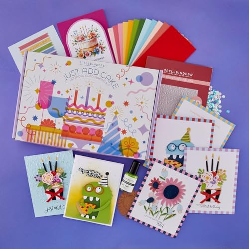 Spellbinders Just Add Cake Birthday Card Making Kit, with Stamps, Dies, Embossing Folder, Splatter Effects, Sequins, Rub-ons, Colorful Cardstock, More by Unknown