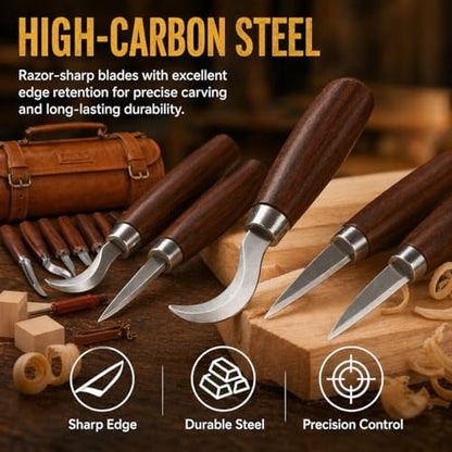 Deluxe Wood Carving Kit, 26Pcs Whittling Tools with 6 Basswood Blocks & Leather Case, High-Carbon Steel Knives, Safety Gloves, Woodworking Set for Beginners Adults DIY Craft Gifts - Image 4