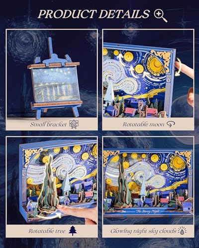 Rowood Starry Night 3D Puzzles for Adults,Mother's Day DIY Wooden Vincent Van Gogh Painting Artwork Craft Kit Building Set with LED,Home Decor Botanical Collection Gift for Family on Christmas - Image 5