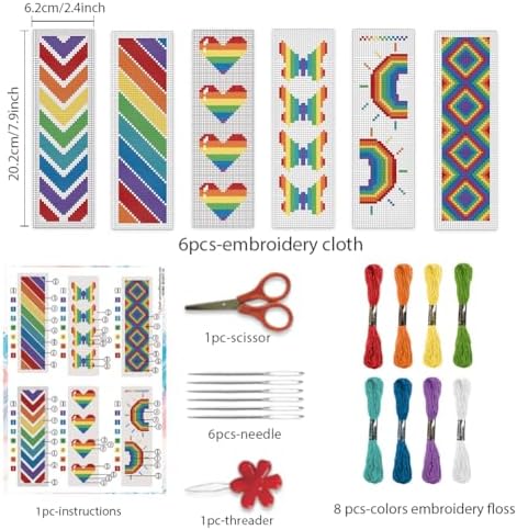 BEUNITONE Cross Stitch Bookmark Kit 6 Pcs Rainbow DIY Bookmarks Cross Stitch Kits for Adults Beginners Love Heart Pre-Sorted Floss Cross-Stitch Stamped Embroidery Kit with Instruction 8''x2.4'' - Image 2