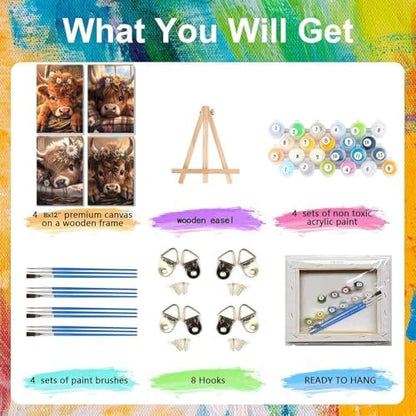 LWZAYS 4 Pack Framed Paint by Numbers Kit for Adults with Wooden Easel - Cow Easy Paint by Numbers with Frame for Beginners, Adult Paint by Number Kits Framed Canvas for Home Decor Gift 8x12 Inch - Image 3