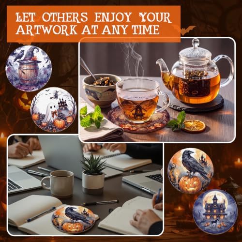 Reallnaive 45 Pcs Halloween Wooden Coasters Painting Kit, 10 Painting Coaster with Markers Holder Cork Pads Arts and Crafts DIY Gift for Adults Ornament Home Office Decor - Image 5