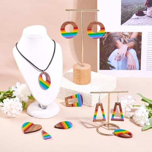 Elecrelive 8 Pairs Wood Earring Kit Rainbow Resin Wood Charms Stripe Wood Earring Pendants Heart Teardrop Triangle Vintage Dangle Earring Charms with Earring Hooks for Jewelry Craft Making - Image 3