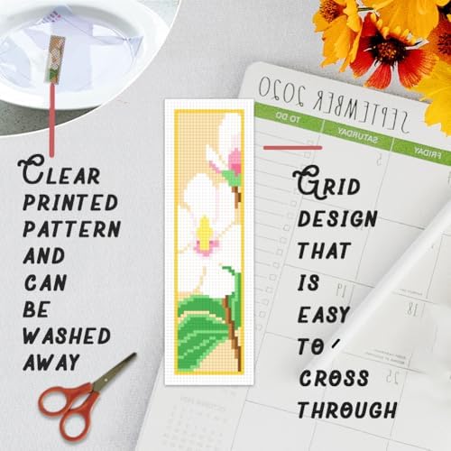 BEUNITONE 6 Pcs Flower Cross Stitch Bookmark Kits for Beginners Magnolia DIY Stamped Cross Stitch Kit Vintage Floral Embroidery Kit with Instruction for Craft Book Lover Reader Writer 8''x2.4'' - Image 3