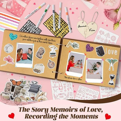 CY2SIDE Valentine's Day Couple Photo Album Scrapbook - 111PCS The Little Book of Us Wooden Album Scrapbook Kit for Lovers with Heart Puzzle Brown Paper Sticker and Template for DIY Dating Anniversary - Image 5