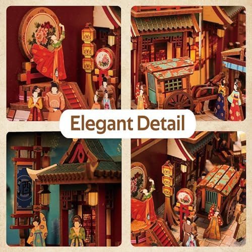Tonecheer DIY Book Nook Kit for Adults, 3D Wooden Puzzle Bookend Bookshelf Insert Decor, Chinese Booknook Miniature House Kit with Body Motion Sensor LED Light (The Banquet of Tang Dynasty) - Image 4