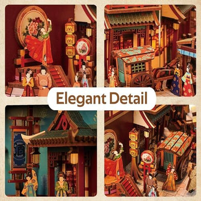 Tonecheer DIY Book Nook Kit for Adults, 3D Wooden Puzzle Bookend Bookshelf Insert Decor, Chinese Booknook Miniature House Kit with Body Motion Sensor LED Light (The Banquet of Tang Dynasty) - Image 4