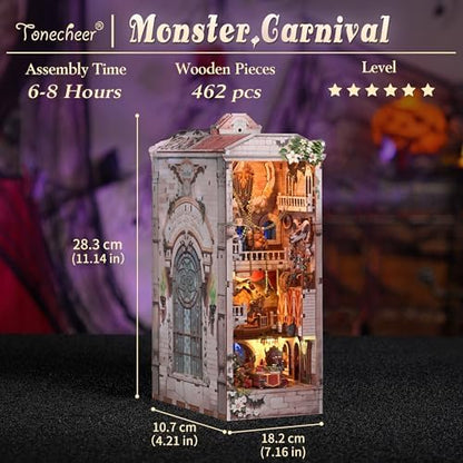 Tonecheer DIY Book Nook Kit for Adults, Double-Sided Booknook Wooden 3D Puzzle Bookend Miniature House Kit, Fantasy Bookshelf Decor with Dust Cover and LED Light for Birthday Gifts (Monster Carnival) - Image 5