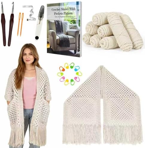 Arborthread Crochet Kit for Beginners, All-Season Pocket Shawl Light Khaki by Arborthread