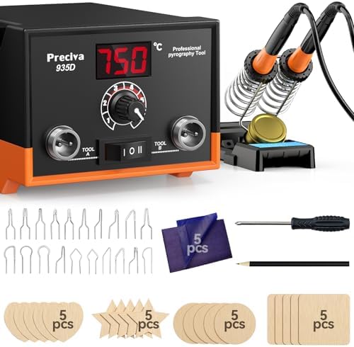 Preciva 935D Wood Burning Kit, Adjustable Temperature Wood Burner Tool with Dual Pens, Dual-Barrel Holder,Digital Display, 20 Interchangeable Wood Burner Tips & 20 Wooden Blocks for Pyrography Art by FindtheToolsYouWant
