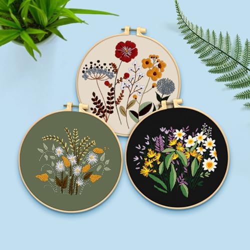 ERKOON 3 Sets Embroidery Kit, Floral Cross Stitch Set for Include Embroidery Cloth Hoops Threads for Craft Lover Hand Stitch (Plants & Flowers) - Image 2