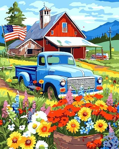 ZTOTZ Vintage Blue Truck Paint by Numbers Kit for Adults, 16x20 in American Farm Countryside Paint by Number Canvas, Red Barn -Floral Landscape Oil Painting for Adults Set by ZTOTZ