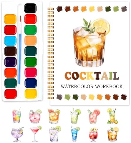 Easy Cocktail Watercolor Workbook for Beginners, Water Coloring Book, 18 Colors Watercolors Paint Set, 12 Patterns Watercolor Kit for Beginners, Creative Art Gift for Adults Women Teen by SHLINCO