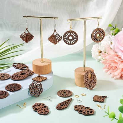 Elecrelive 10 Pairs Wooden Dangle Earring Making Kit Teardrop Oval Flower Leaf Shapes Natural Wood Earring Blanks with Hooks for DIY Craft Jewelry Making - Image 3