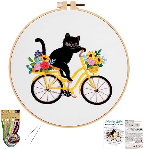 Louise Maelys Cat Bicycle Embroidery Kit for Beginners Floral DIY Craft by LouiseMaelys