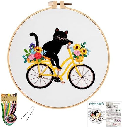 Louise Maelys Cat Bicycle Embroidery Kit for Beginners Floral DIY Craft by LouiseMaelys