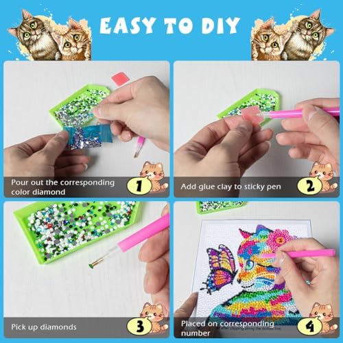 QEUOYSS Diamond Art Kit for Kids with Wooden Frame Art and Crafts for Kids Ages 6-8 -10-12 Easy to DIY Diamond Art for Kid and Adult Beginners Home Wall Decoration (Butterfly cat) - Image 3
