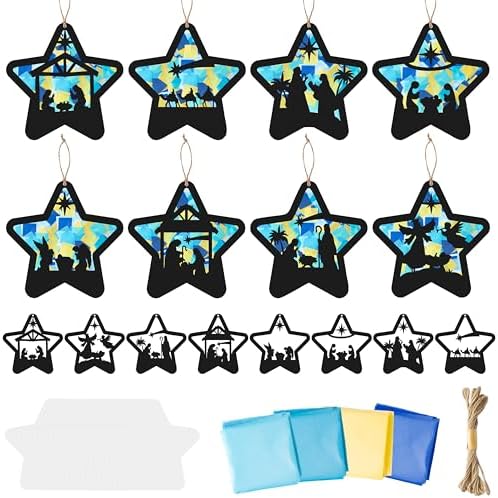 CJiangpo 24 Sets Christmas Nativity Suncatcher Paper Craft Kits, DIY Stained Glass Effect Window Ornament Rainbow Tissue Paper Art Craft for Kid Classroom Activities Christian Religious Party Decor by CJiangpo
