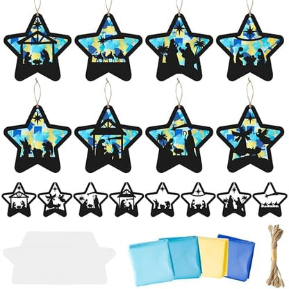 CJiangpo 24 Sets Christmas Nativity Suncatcher Paper Craft Kits, DIY Stained Glass Effect Window Ornament Rainbow Tissue Paper Art Craft for Kid Classroom Activities Christian Religious Party Decor by CJiangpo