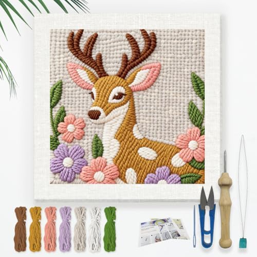 DOODLREAM Floral Spotted Deer Needle Kit for Beginner, 9.4"x 9.4" Woodland Animal Punch Stitching Craft Set, DIY Embroidery Starter with Printed Frame, Instruction, Threader, Yarn, Punch Needle by Doodlream