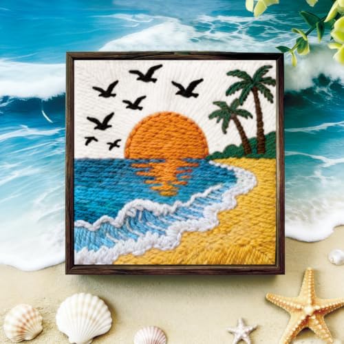 BEUNITONE 2Set Punch Needle Kits with Beach Pre-Print Pattern Easy for Adults Beginners, DIY Craft Embroidery Needlepoint Kits, Punch Needle Set for Craft Lovers Home Decor Festival Gift 9.4x9.4 - Image 5
