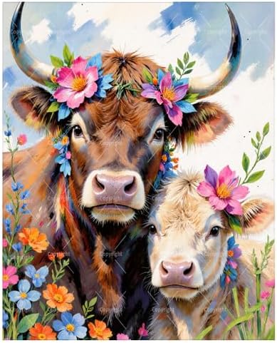 Sceorixa Cow Paint by Numbers Kit for Adults - DIY Floral Cow and Calf Painting on Canvas 16x20 Inches, Acrylic Paint Set, Suitable for Beginners, Art for Home Decoration or Gifts， Unframed by Unknown