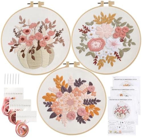 Sivilife Embroidery Kit for Beginners, 3 Sets Stamped Cross Stitch Kits for Beginner, Floral Pattern Embroidery Starter Kits for Adults with Embroidery Hoop Instructions Threads and Needles Scissors by Sivilife