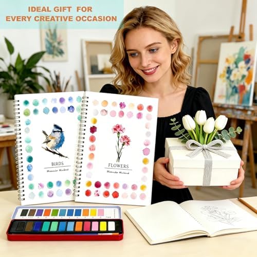 2Pcs Birds & Flowers Watercolour Set for Beginners, Complete Art Kit with 12 Paints, Brush & Sketch Pads, Pre-Sketched Book & Step-by-Step Guide for Adults & Teens - Image 6