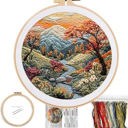 FONNUY Embroidery Kit for Beginners, Boho Nature Landscape Pre-Stamped Pattern Kits for Adults with Hoop, Easy to Follow Color Thread Needlework, 8'' Hoop (Mountain Stream) by FONNUY