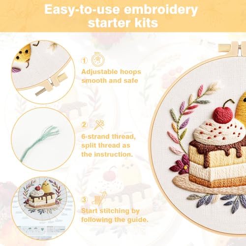 RidaaFri Embroidery Kit for Beginners, 3PC Starter Set Cake Fruit Patterns - Image 6