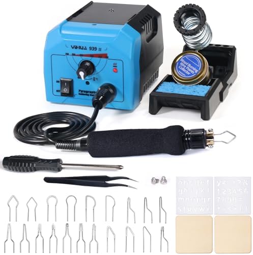 YIHUA 939-II Wood Burning Kit Station Pyrography Pen 250~750℃/482~1382℉ Temperature Adjustable with 20 Wire Nibs, 1 Stable Pen Holder, 2 Stencils, 2 Scrap Wood, 1 S/S Tweezers, and 1 Pliers (Blue) by YIHUA
