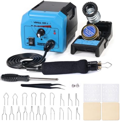 YIHUA 939-II Wood Burning Kit Station Pyrography Pen 250~750℃/482~1382℉ Temperature Adjustable with 20 Wire Nibs, 1 Stable Pen Holder, 2 Stencils, 2 Scrap Wood, 1 S/S Tweezers, and 1 Pliers (Blue) by YIHUA