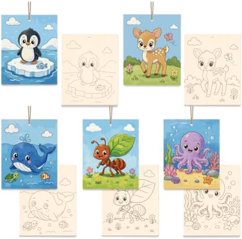 15 Pcs Unfinished Wood Crafts to Paint for Adults, 5.9x4.7 Inch Animal Paintable Wood Slices Craft Supplies with Ropes, Bulk Predrilled Wooden Ornaments for DIY Painting Craft Decor by GLASSWINDS