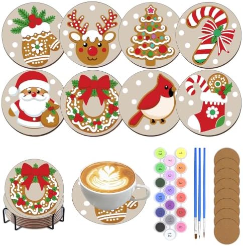 8 Pack Christmas Paint by Number Kits Coasters with Holder Cork Pads by Unknown