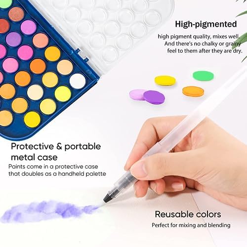 GETHPEN 48 Colors Watercolor Paint Set, 3 Brushes 1 Water Color Brush pen - Image 4