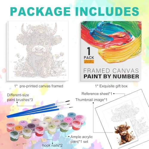 GEEHEIY Framed Paint by Numbers Kit for Adults, Highland Cow, 10 x 10 Inch - Image 4