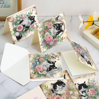 6pcs Diamond Art Painting Greeting Card, DIY Cat and Flower Diamond Art Greeting Cards for Blessings and Wishes Special Shaped Diamond Greeting Card Arts Crafts for Christmas Birthday Thanksgiving Day - Image 3