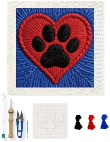 INFUNLY Claw Print Punch Needle Kit for Beginners Red Heart Punch Needle Embroidery Kits for Adults DIY Punch-Stitching Kit with Instruction Threader Needles Square Frame for Wall Decor 9.4''x9.4'' by INFUNLY