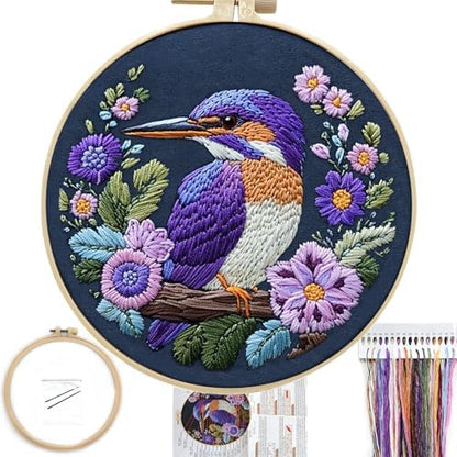 FONNUY Embroidery Kit for Beginners, Birds with Flowers Pre-Stamped Pattern Kits for Adults with Hoop, Easy to Follow Color Thread Needlework, 8'' Hoop (Purple 2) by FONNUY