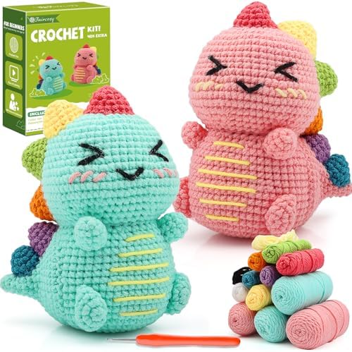 Faircosy Dinosaur Crochet Kit for Beginners: 2PCS Crochet Animal Kits for Adults - Learn to Crocheting Cute Amigurumi Starter Kit with Written Pattern & Video Tutorials (40%+ Yarn Extra) by Faircosy