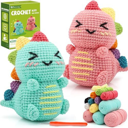 Faircosy Dinosaur Crochet Kit for Beginners: 2PCS Crochet Animal Kits for Adults - Learn to Crocheting Cute Amigurumi Starter Kit with Written Pattern & Video Tutorials (40%+ Yarn Extra) by Faircosy